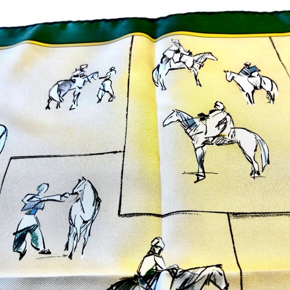 HERMES Paris Silk Scarf Equestrian Horse & Rider VOYAGE AU NIGER Green New 16" - Picture 11 of 16